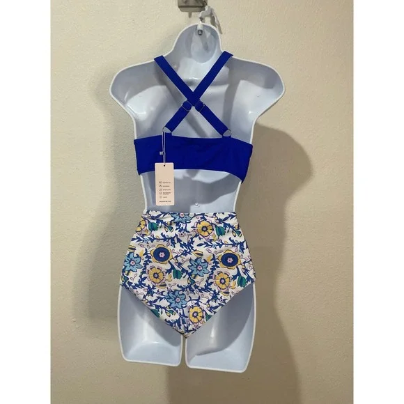 Fashion Royal Blue Twist Front High Waisted Floral Bikini Set NWT Large - Picture 2 of 5